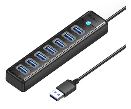 Hub USB Orico USB-A - 7x USB-A 3.0, USB-C 5V/3A 1m - czarny ORICO-PW7U-U3-10-BK-EP-HU